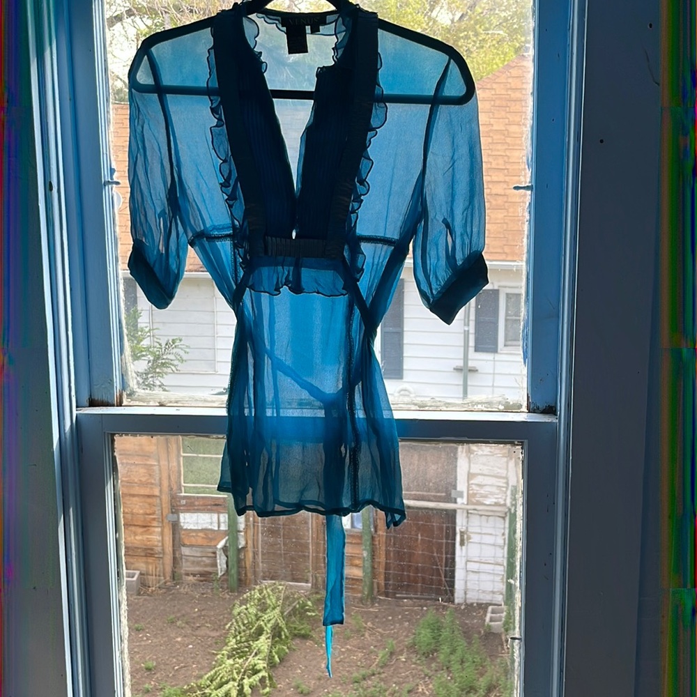 Turquoise Venus sheer short sleeve 100% silk size 6